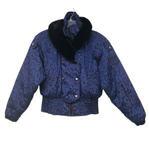 Vintage Nils Down Fill Ski Jacket Winter Coat Fur Trim Blue Jacquard Print Retro